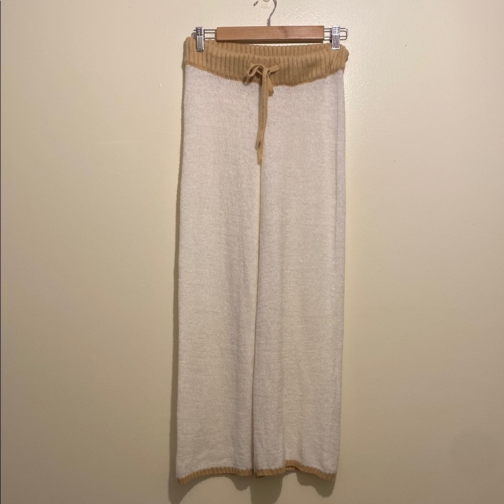 Splendid Cream Knit Wide-Leg Pants with Tan Waistband